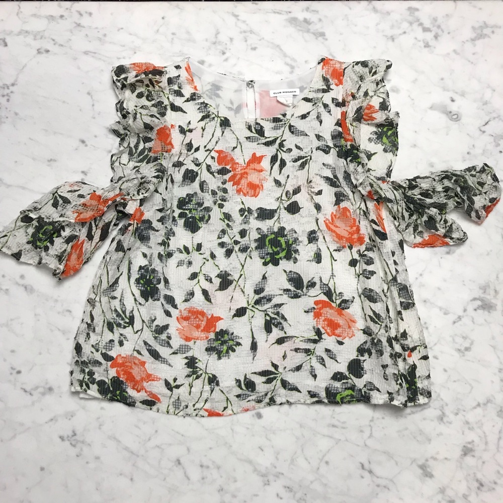 Club Monaco Distressed Floral Cold Shoulder Blouse